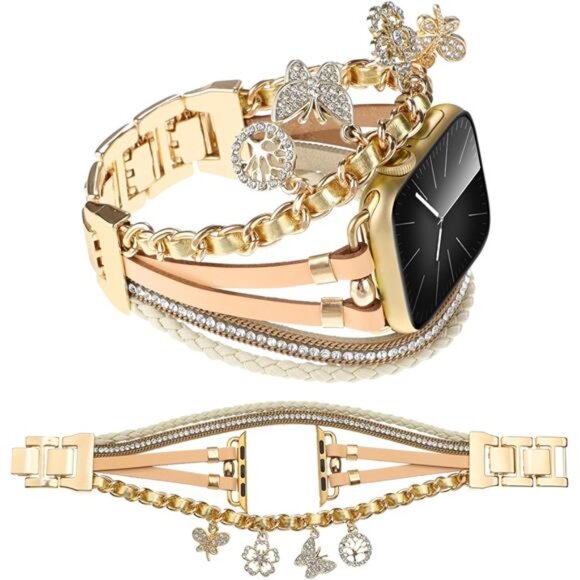 NEW Gold Boho Leather Apple Watch Band with Charms main image 5